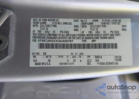 2016 Ford Escape Se z USA, uszkodzony, nr VIN 1FMCU9GXXGUA00787